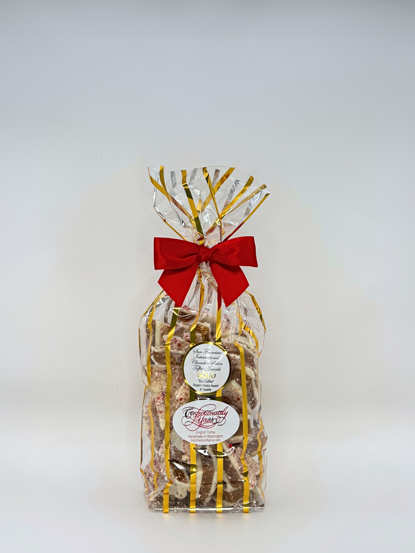 bag of white chocolate peppermint toffee medium size, peppermint toffee, holiday toffee