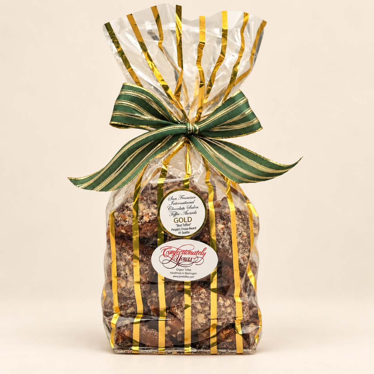 1.5-pound Confectionately Yours dark chocolate almond English toffee in gold-striped holiday gift packaging
