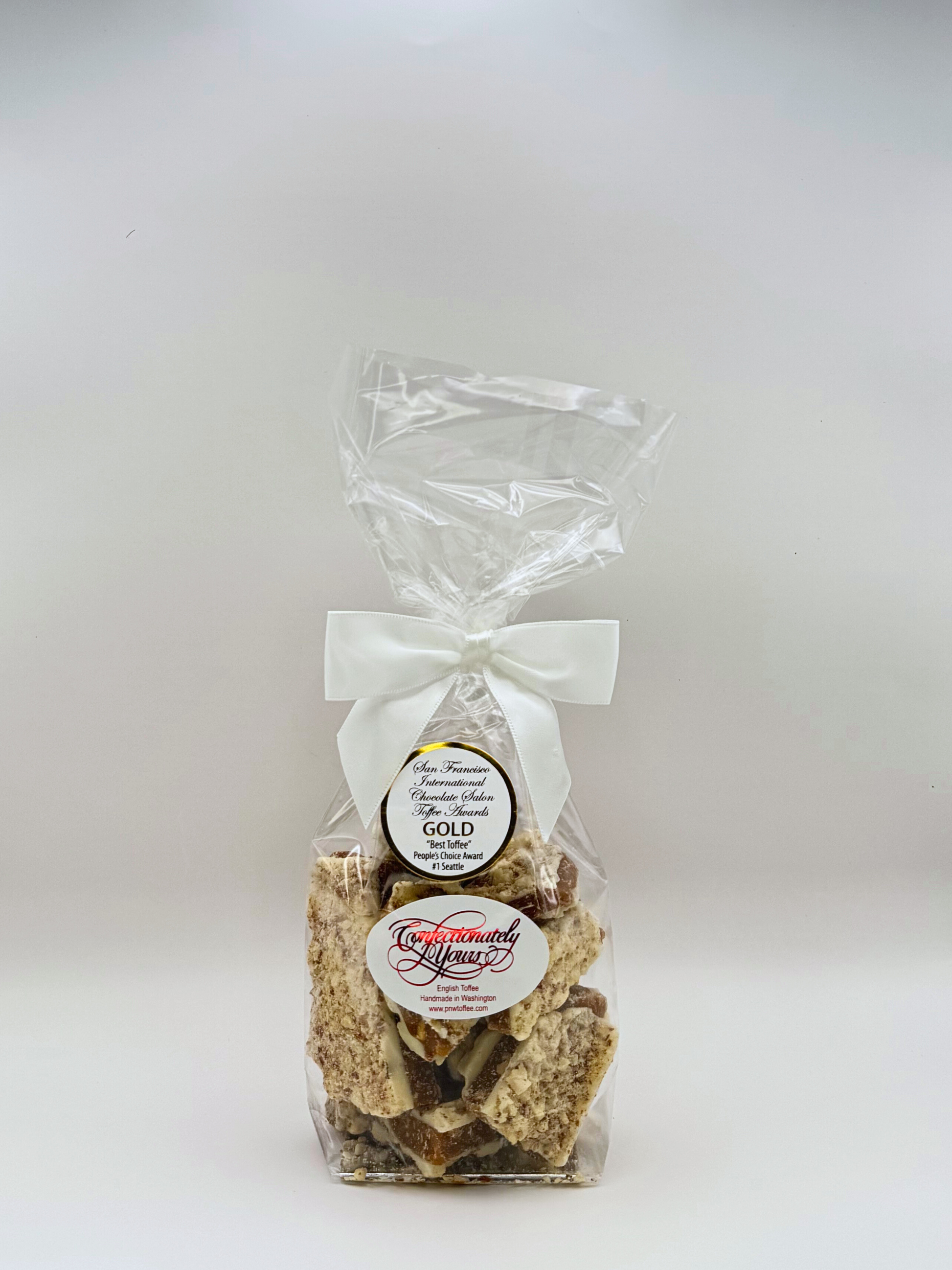small size bag of white chocolate almond English toffee, white chocolate toffee