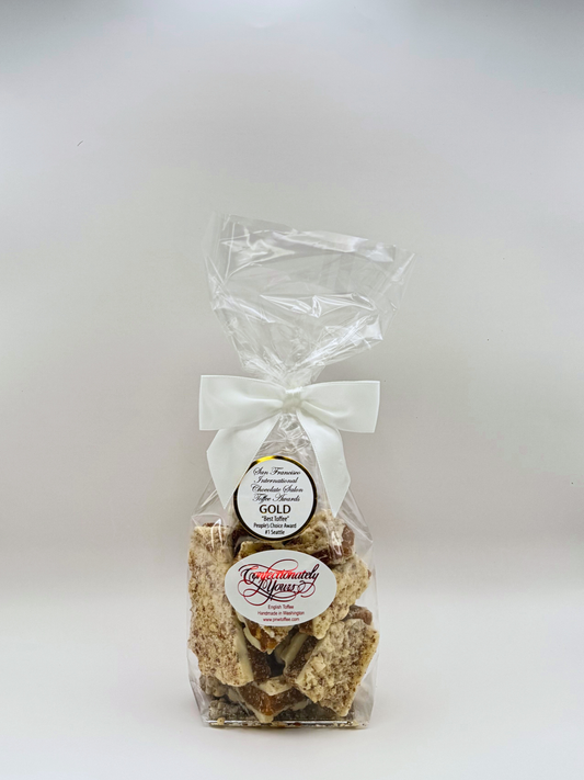 small size bag of white chocolate almond English toffee, white chocolate toffee