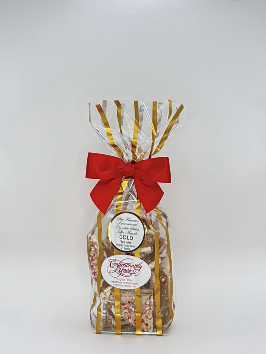 small size bag of white chocolate peppermint almond English toffee, peppermint toffee, holiday toffee